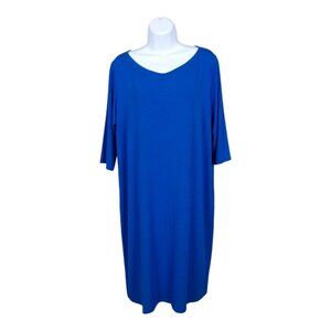 Eileen Fisher VNeck Jersey Knit Knee Length Dress 3/4 Sleeves Marine Blue M #550